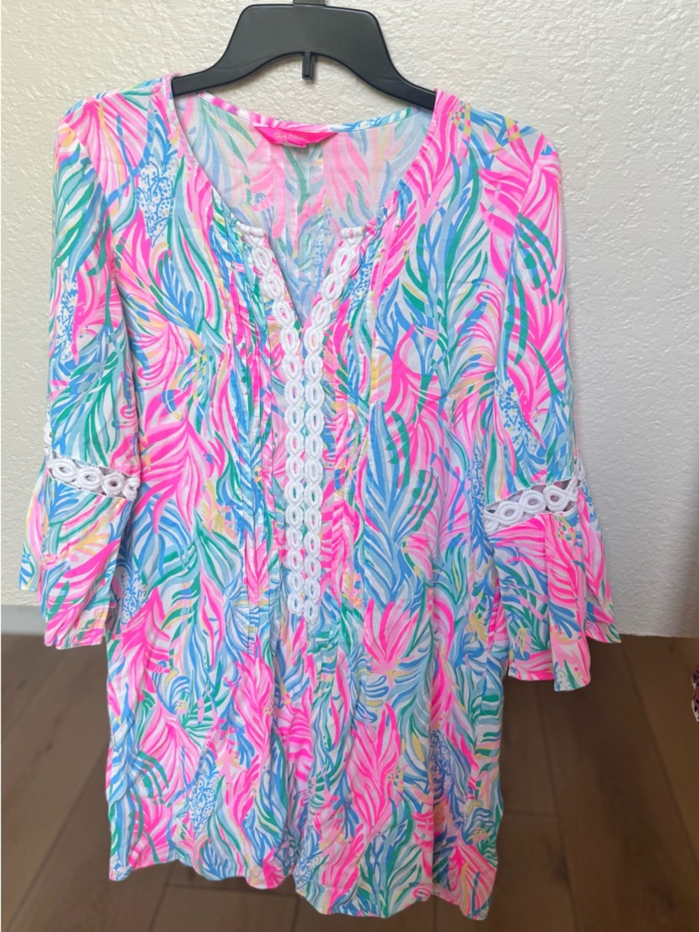 Lilly Pulitzer Pink, Blue & Green Tropical Tunic with Lace Trim